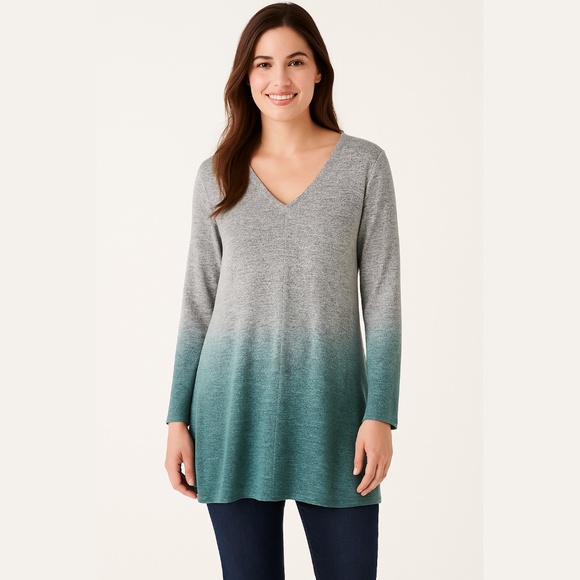 SONOMA Ombre V-Neck Tunic Sweater Heather Gray & Glacier Green Size Large - Picture 1 of 14